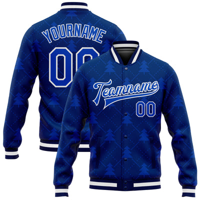 Custom Navy Thunder Blue-White Christmas 3D Bomber Full-Snap Varsity Letterman Jacket