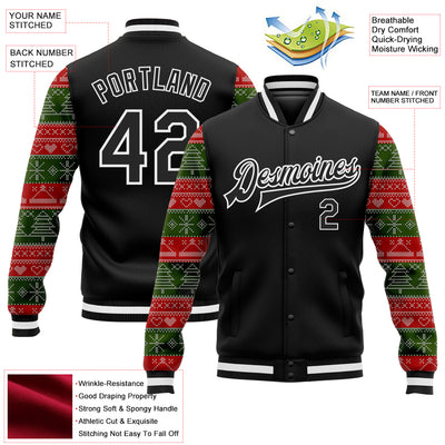 Custom Black Red Green Christmas 3D Bomber Full-Snap Varsity Letterman Jacket