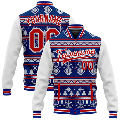 Custom Royal Red-White Christmas 3D Bomber Full-Snap Varsity Letterman Jacket