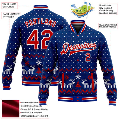 Custom Royal Red-White Christmas 3D Bomber Full-Snap Varsity Letterman Jacket