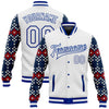 Custom White Royal-Navy Christmas 3D Bomber Full-Snap Varsity Letterman Jacket