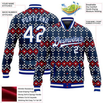 Custom Navy White-Royal Christmas 3D Bomber Full-Snap Varsity Letterman Jacket