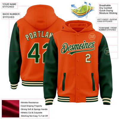 Custom Orange Green-Cream Bomber Full-Snap Varsity Letterman Two Tone Hoodie Jacket