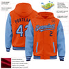 Custom Orange Light Blue-Navy Bomber Full-Snap Varsity Letterman Two Tone Hoodie Jacket