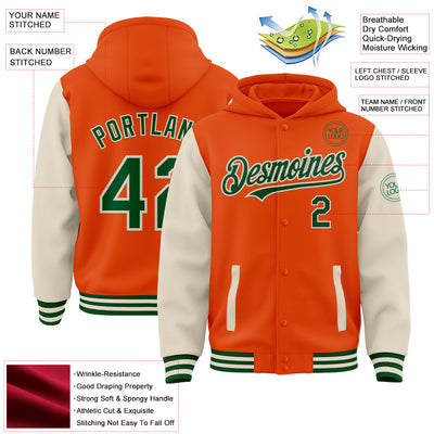 Custom Orange Green-Cream Bomber Full-Snap Varsity Letterman Two Tone Hoodie Jacket