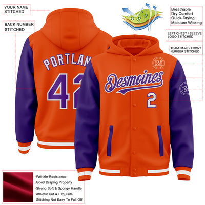 Custom Orange Purple-White Bomber Full-Snap Varsity Letterman Two Tone Hoodie Jacket