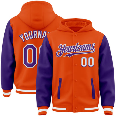 Custom Orange Purple-White Bomber Full-Snap Varsity Letterman Two Tone Hoodie Jacket