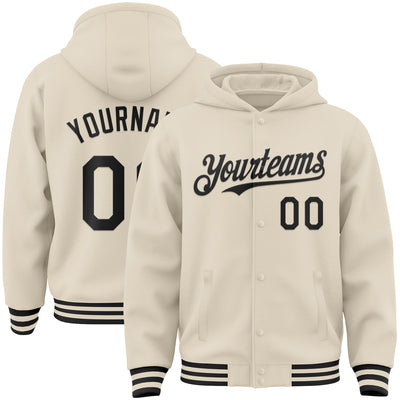 Custom Cream Black Bomber Full-Snap Varsity Letterman Hoodie Jacket