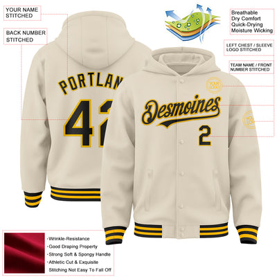 Custom Cream Black-Gold Bomber Full-Snap Varsity Letterman Hoodie Jacket