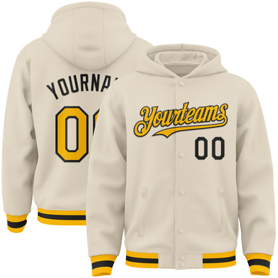 Custom Cream Gold-Black Bomber Full-Snap Varsity Letterman Hoodie Jacket