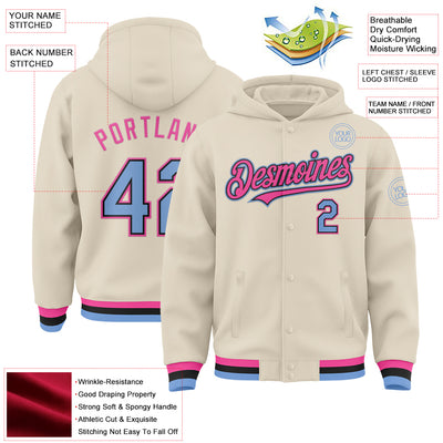 Custom Cream Light Blue Black-Pink Bomber Full-Snap Varsity Letterman Hoodie Jacket