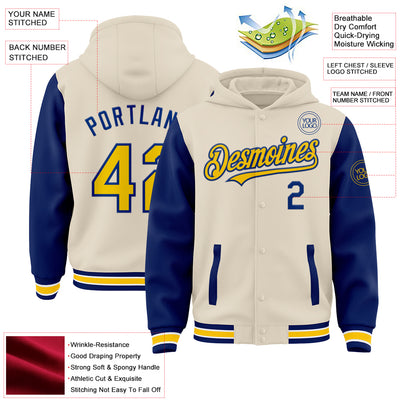 Custom Cream Yellow Royal-White Bomber Full-Snap Varsity Letterman Two Tone Hoodie Jacket