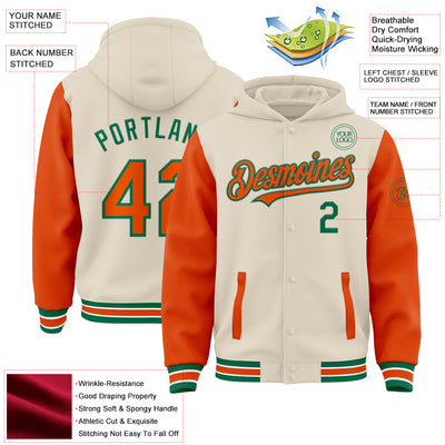 Custom Cream Orange Kelly Green-White Bomber Full-Snap Varsity Letterman Two Tone Hoodie Jacket