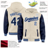 Custom Cream Navy-Light Blue Bomber Full-Snap Varsity Letterman Two Tone Hoodie Jacket