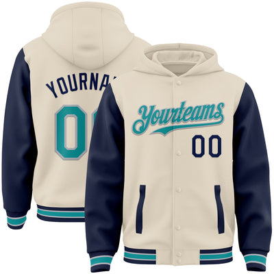 Custom Cream Teal Navy-Gray Bomber Full-Snap Varsity Letterman Two Tone Hoodie Jacket