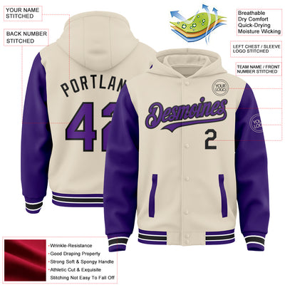 Custom Cream Purple Black-White Bomber Full-Snap Varsity Letterman Two Tone Hoodie Jacket