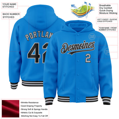 Custom Powder Blue Black-Gray Bomber Full-Snap Varsity Letterman Hoodie Jacket