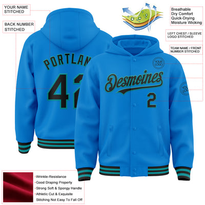 Custom Powder Blue Black-Teal Bomber Full-Snap Varsity Letterman Hoodie Jacket