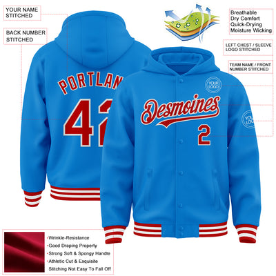 Custom Powder Blue Red-White Bomber Full-Snap Varsity Letterman Hoodie Jacket