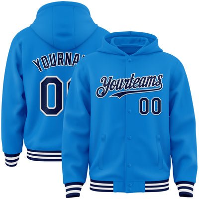 Custom Powder Blue Navy-White Bomber Full-Snap Varsity Letterman Hoodie Jacket