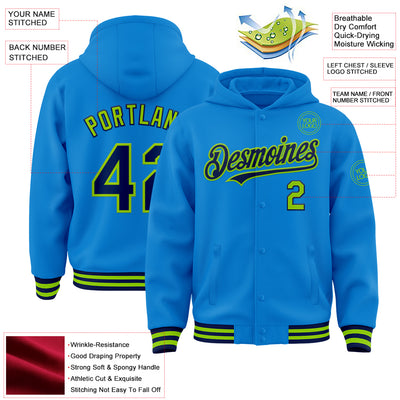 Custom Powder Blue Navy-Neon Green Bomber Full-Snap Varsity Letterman Hoodie Jacket