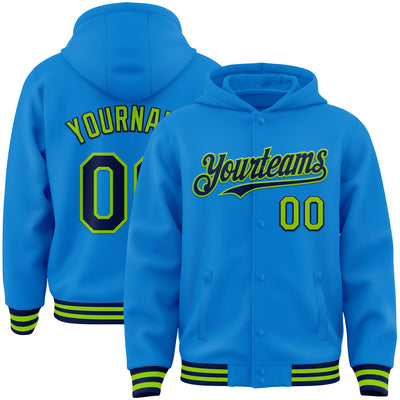 Custom Powder Blue Navy-Neon Green Bomber Full-Snap Varsity Letterman Hoodie Jacket