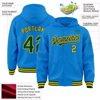 Custom Powder Blue Green-Gold Bomber Full-Snap Varsity Letterman Hoodie Jacket