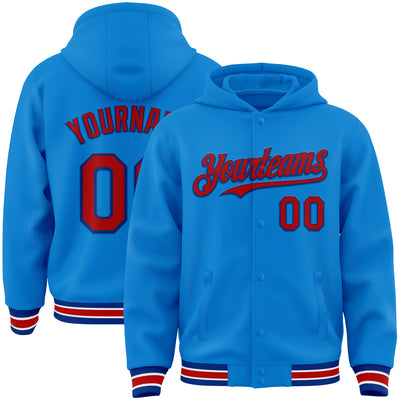 Custom Powder Blue Red-Royal Bomber Full-Snap Varsity Letterman Hoodie Jacket