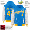 Custom Powder Blue Gold-White Bomber Full-Snap Varsity Letterman Two Tone Hoodie Jacket