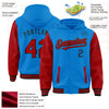 Custom Powder Blue Red-Black Bomber Full-Snap Varsity Letterman Two Tone Hoodie Jacket