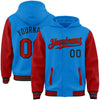 Custom Powder Blue Red-Black Bomber Full-Snap Varsity Letterman Two Tone Hoodie Jacket