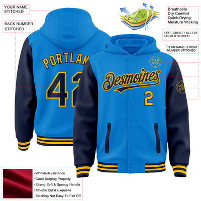 Custom Powder Blue Navy-Gold Bomber Full-Snap Varsity Letterman Two Tone Hoodie Jacket