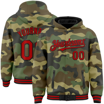 Custom Camo Red-Black Bomber Full-Snap Varsity Letterman Salute To Service Hoodie Jacket