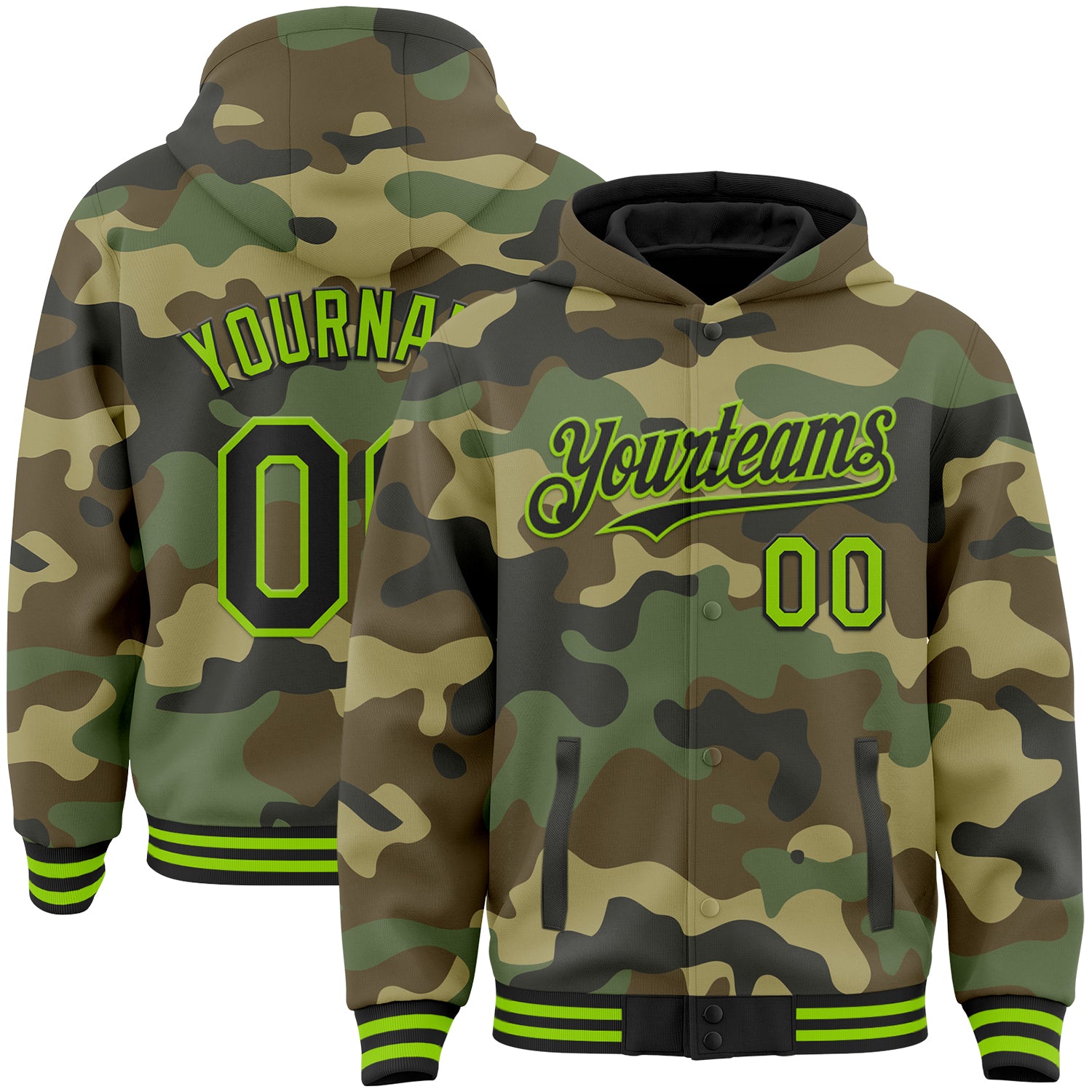 FANSIDEA Custom Sweatshirt Hoodie Camo Black Neon Green Bomber Full Snap Varsity Letterman Salute to Service Hoodie Jacket Men s Size XL