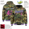 Custom Camo Pink Black-Light Blue Bomber Full-Snap Varsity Letterman Salute To Service Hoodie Jacket