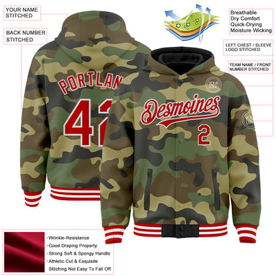 Custom Camo Hoodie Jacket Red White Bomber Full Snap Varsity Letterman Salute To Service FansIdea