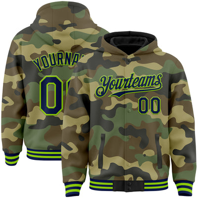 Custom Camo Navy-Neon Green Bomber Full-Snap Varsity Letterman Salute To Service Hoodie Jacket