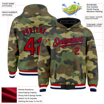 Custom Camo Red-Navy Bomber Full-Snap Varsity Letterman Salute To Service Hoodie Jacket