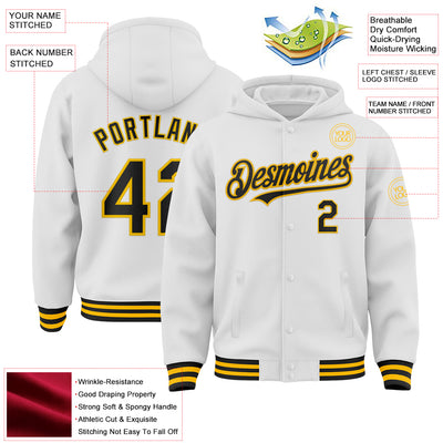 Custom White Black-Gold Bomber Full-Snap Varsity Letterman Hoodie Jacket