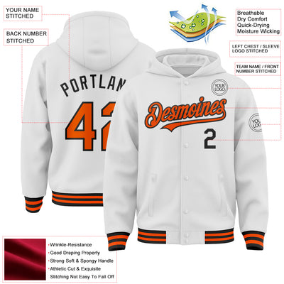 Custom White Orange-Black Bomber Full-Snap Varsity Letterman Hoodie Jacket