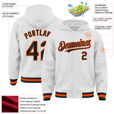 Custom White Black-Orange Bomber Full-Snap Varsity Letterman Hoodie Jacket