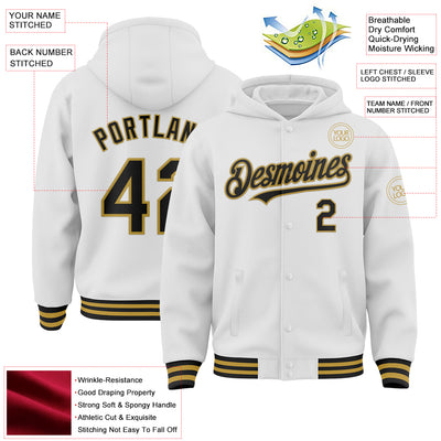 Custom White Black-Old Gold Bomber Full-Snap Varsity Letterman Hoodie Jacket