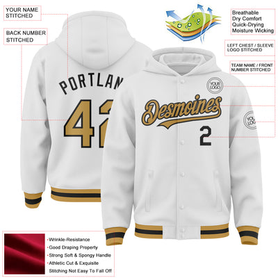 Custom White Old Gold-Black Bomber Full-Snap Varsity Letterman Hoodie Jacket