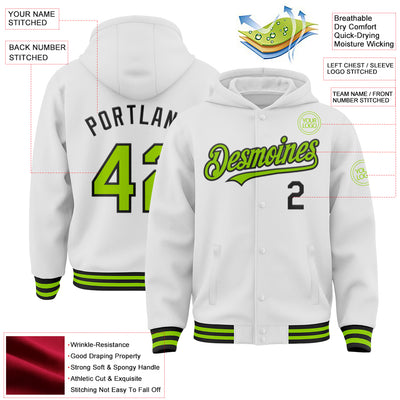 Custom White Neon Green-Black Bomber Full-Snap Varsity Letterman Hoodie Jacket