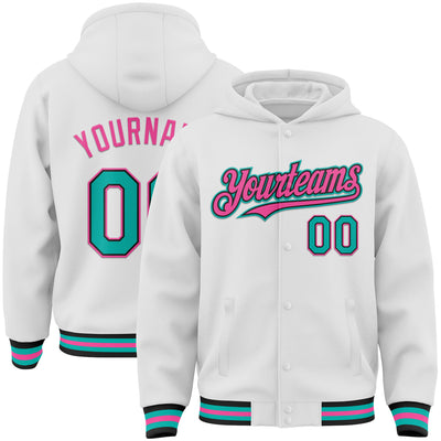 Custom White Aqua Black-Pink Bomber Full-Snap Varsity Letterman Hoodie Jacket