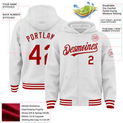 Custom White Red Bomber Full-Snap Varsity Letterman Hoodie Jacket