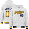 Custom White Gold-Navy Bomber Full-Snap Varsity Letterman Hoodie Jacket