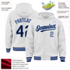 Custom White Navy-Light Blue Bomber Full-Snap Varsity Letterman Hoodie Jacket