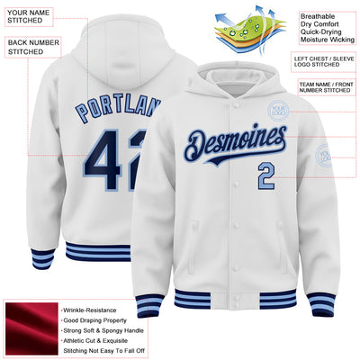 Custom White Navy-Light Blue Bomber Full-Snap Varsity Letterman Hoodie Jacket