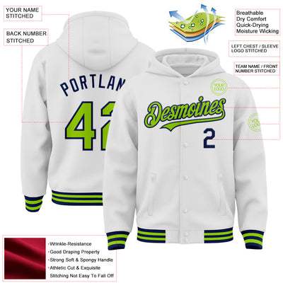 Custom White Neon Green-Navy Bomber Full-Snap Varsity Letterman Hoodie Jacket